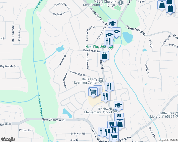 map of restaurants, bars, coffee shops, grocery stores, and more near 611 Cambridge Drive in Marietta