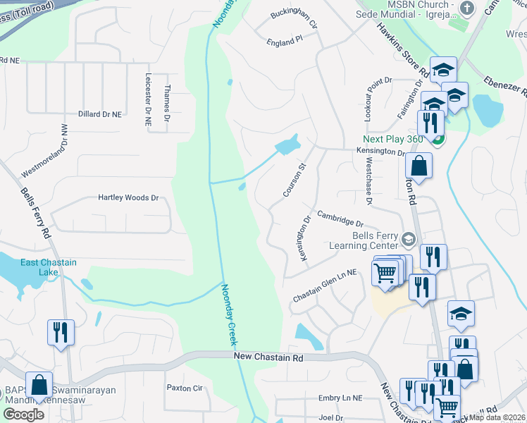 map of restaurants, bars, coffee shops, grocery stores, and more near 3651 Guildhall Trail in Marietta