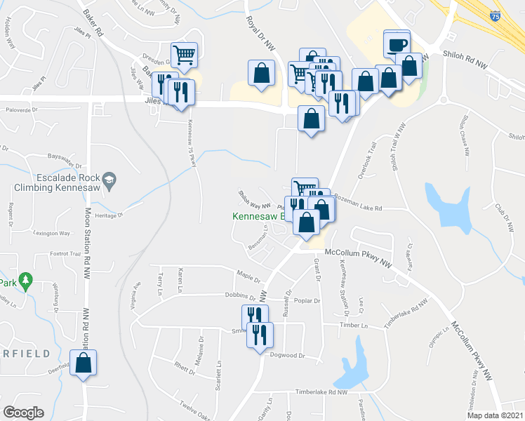 map of restaurants, bars, coffee shops, grocery stores, and more near 1420 Shiloh Way Northwest in Kennesaw