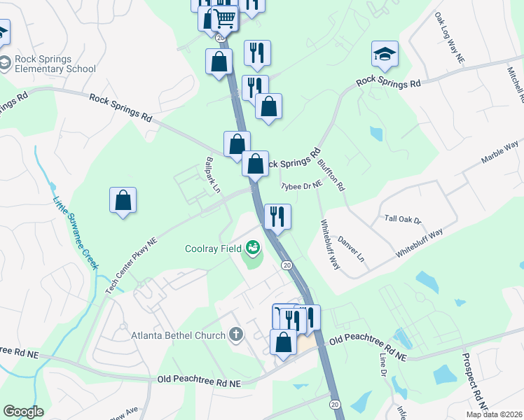 map of restaurants, bars, coffee shops, grocery stores, and more near 2623 Buford Dr in Lawrenceville
