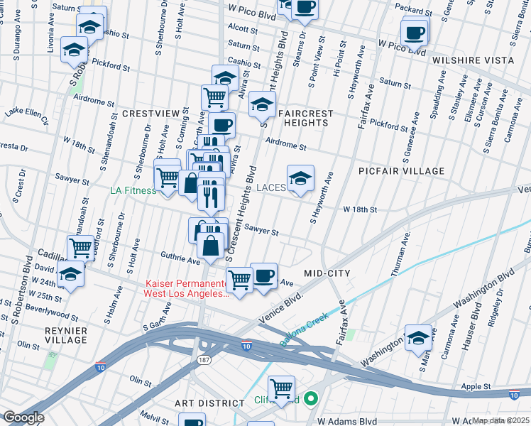 map of restaurants, bars, coffee shops, grocery stores, and more near 1834 Stearns Drive in Los Angeles