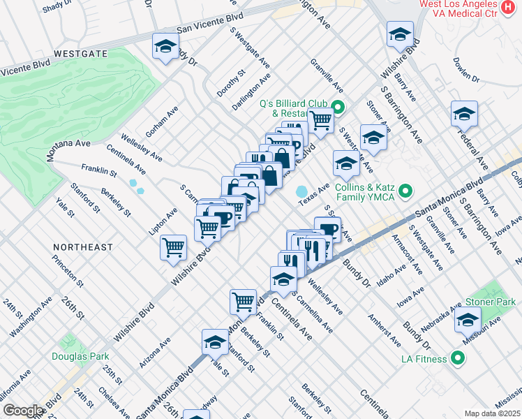 map of restaurants, bars, coffee shops, grocery stores, and more near 12222 Wilshire Boulevard in Los Angeles