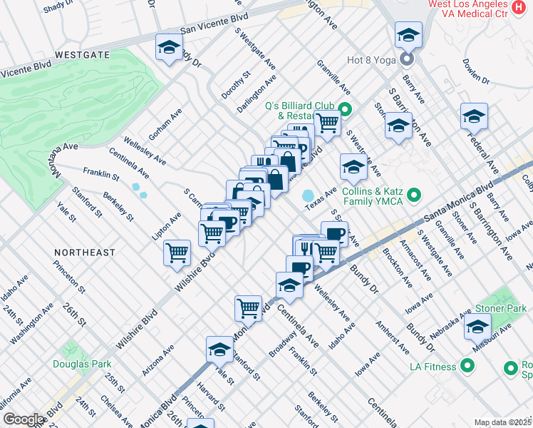 map of restaurants, bars, coffee shops, grocery stores, and more near 1209 Amherst Avenue in Los Angeles