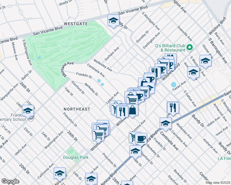 map of restaurants, bars, coffee shops, grocery stores, and more near 1050 Centinela Avenue in Santa Monica