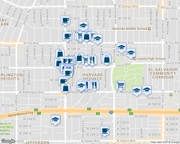 map of restaurants, bars, coffee shops, grocery stores, and more near 1677 South Harvard Boulevard in Los Angeles