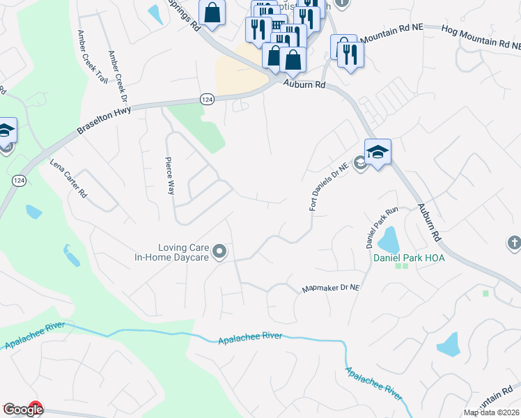 map of restaurants, bars, coffee shops, grocery stores, and more near 1806 Nichol Ferry Court Northeast in Dacula