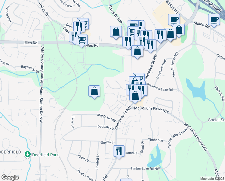 map of restaurants, bars, coffee shops, grocery stores, and more near 1420 Shiloh Way Northwest in Kennesaw