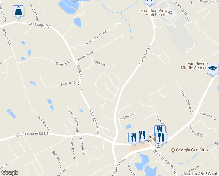 map of restaurants, bars, coffee shops, grocery stores, and more near 2456 Battery Pointe Northeast in Lawrenceville