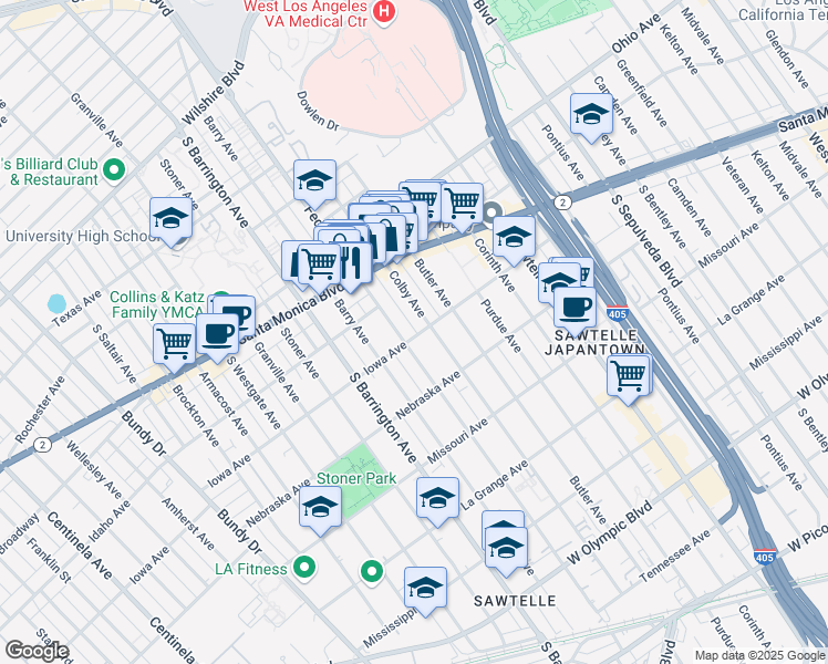 map of restaurants, bars, coffee shops, grocery stores, and more near 11565 Iowa Avenue in Los Angeles