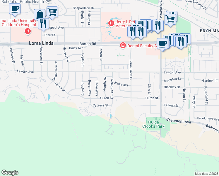 map of restaurants, bars, coffee shops, grocery stores, and more near 11608 Welebir Street in Loma Linda