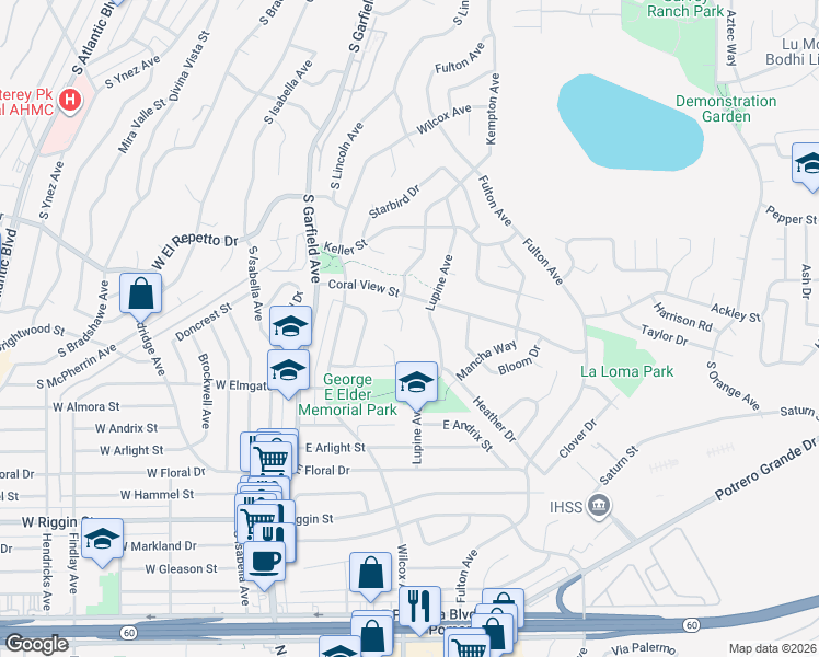 map of restaurants, bars, coffee shops, grocery stores, and more near 1862 Hendron Way in Monterey Park