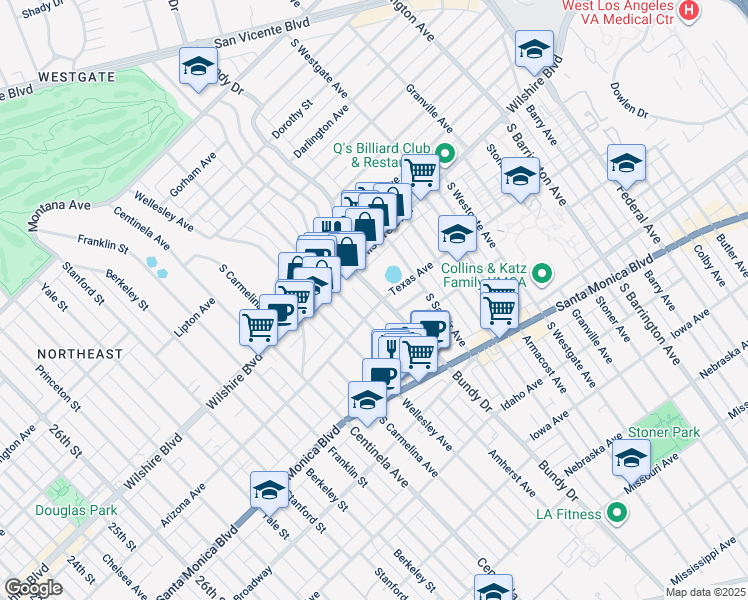 map of restaurants, bars, coffee shops, grocery stores, and more near 1249 South Bundy Drive in Los Angeles