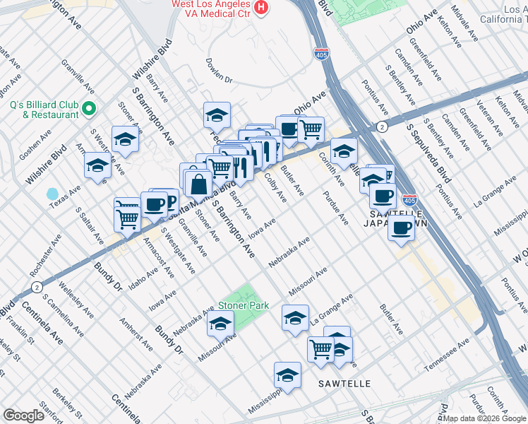 map of restaurants, bars, coffee shops, grocery stores, and more near 1626 Barry Avenue in Los Angeles