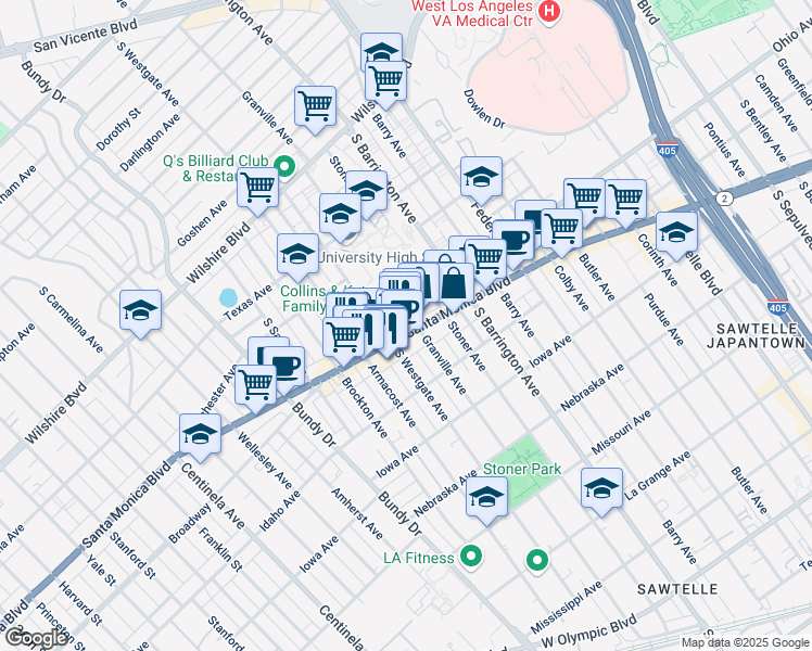 map of restaurants, bars, coffee shops, grocery stores, and more near 1515 Granville Avenue in Los Angeles