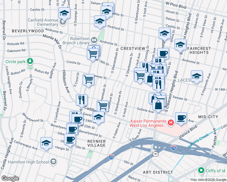map of restaurants, bars, coffee shops, grocery stores, and more near 1930 South Bedford Street in Los Angeles