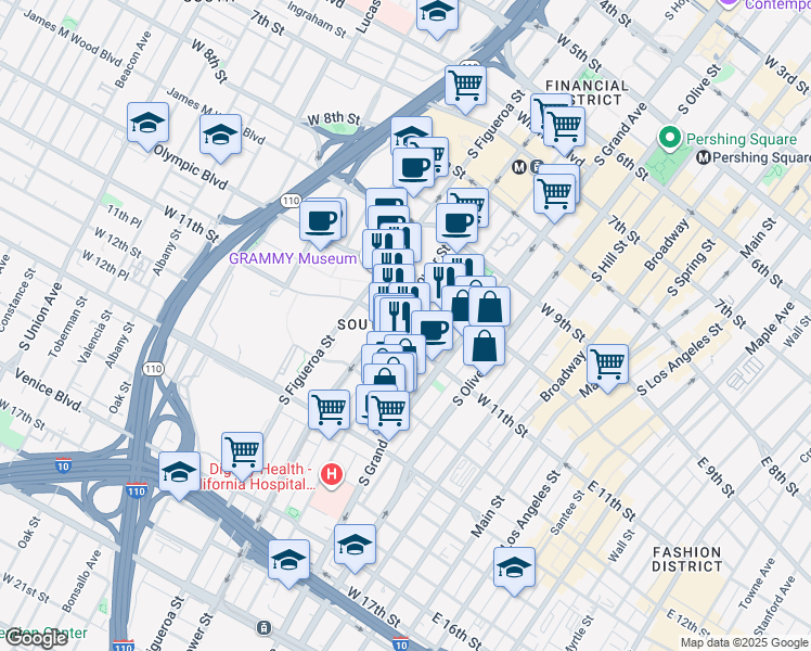 map of restaurants, bars, coffee shops, grocery stores, and more near 1050 Flower Street in Los Angeles
