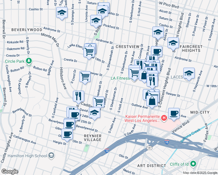 map of restaurants, bars, coffee shops, grocery stores, and more near 1930 South Bedford Street in Los Angeles