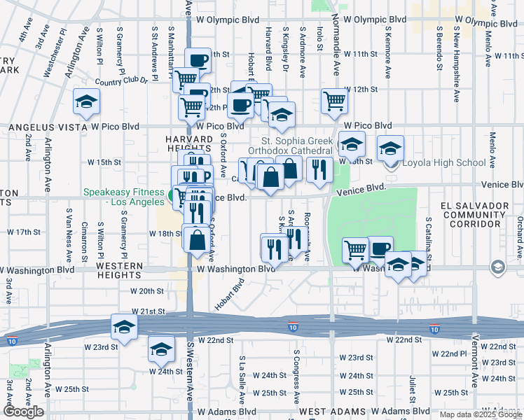 map of restaurants, bars, coffee shops, grocery stores, and more near 1677 South Harvard Boulevard in Los Angeles