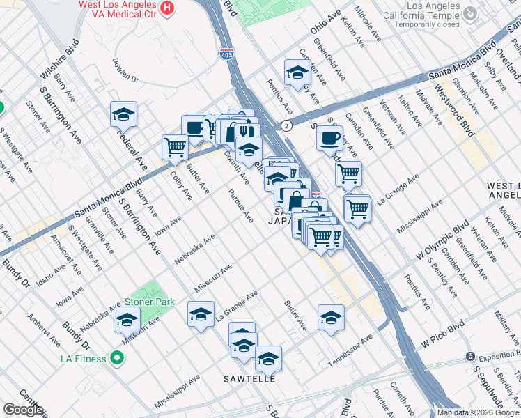map of restaurants, bars, coffee shops, grocery stores, and more near 1807 Corinth Avenue in Los Angeles