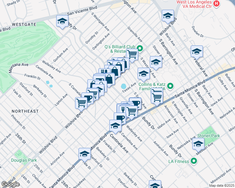 map of restaurants, bars, coffee shops, grocery stores, and more near 1250 Amherst Avenue in Los Angeles