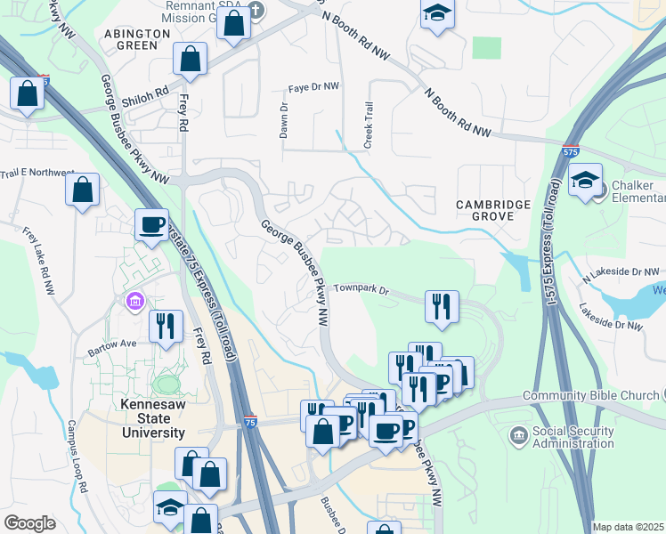 map of restaurants, bars, coffee shops, grocery stores, and more near 300 Townpark Drive in Kennesaw