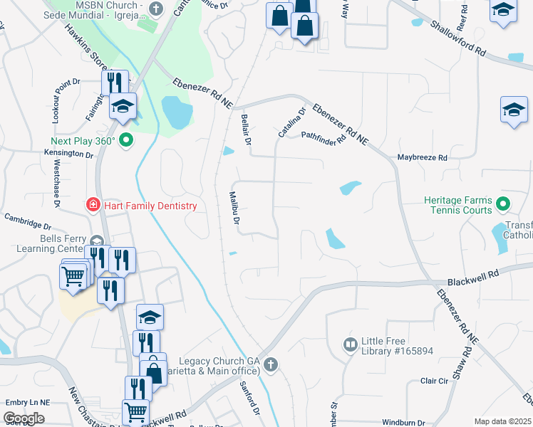 map of restaurants, bars, coffee shops, grocery stores, and more near 3781 Catalina Drive in Marietta