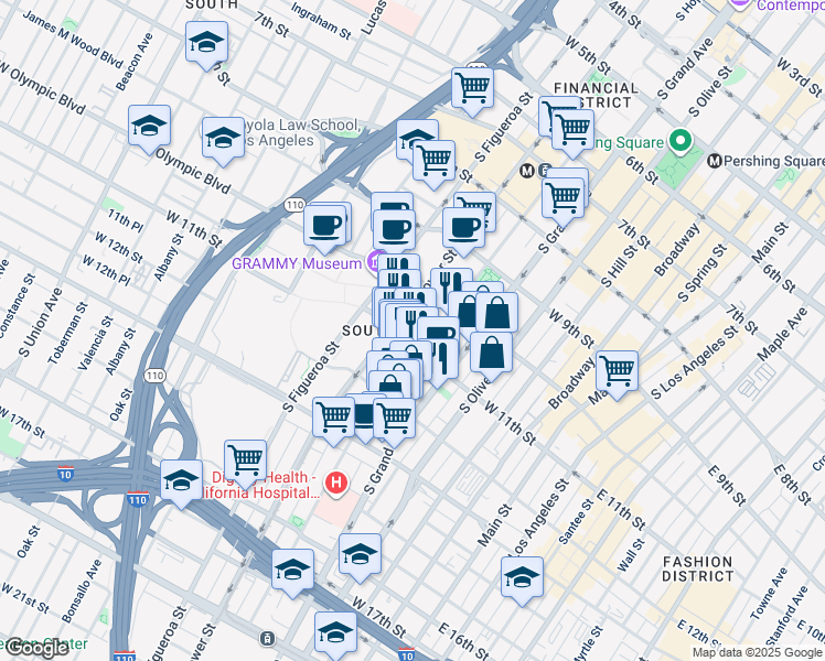 map of restaurants, bars, coffee shops, grocery stores, and more near 1091 South Hope Street in Los Angeles