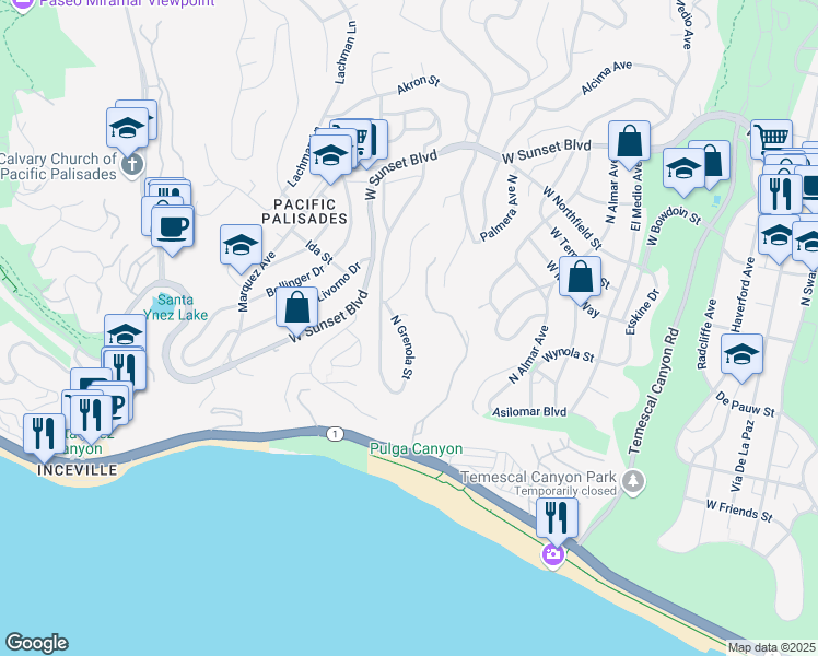 map of restaurants, bars, coffee shops, grocery stores, and more near 352 North Grenola Street in Los Angeles