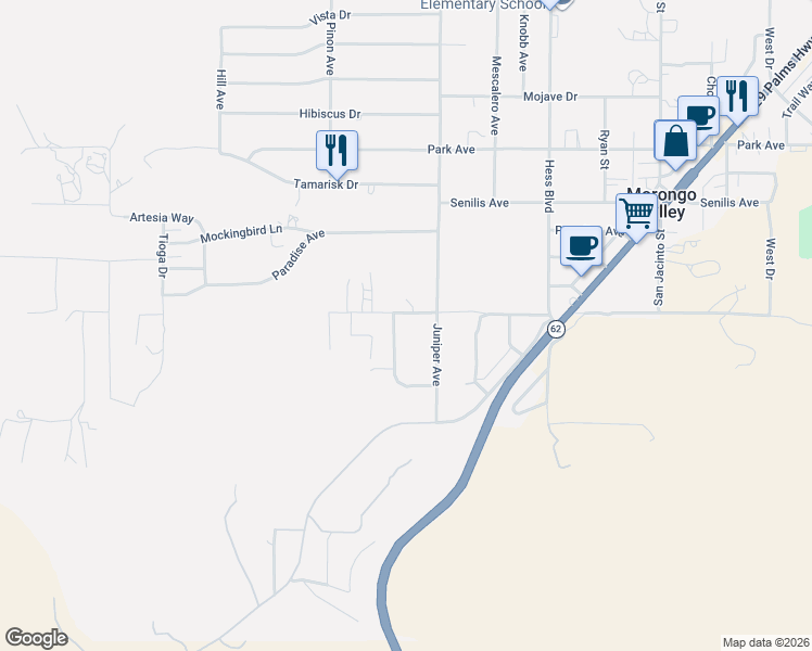 map of restaurants, bars, coffee shops, grocery stores, and more near 49247 Matzene Drive in Morongo Valley