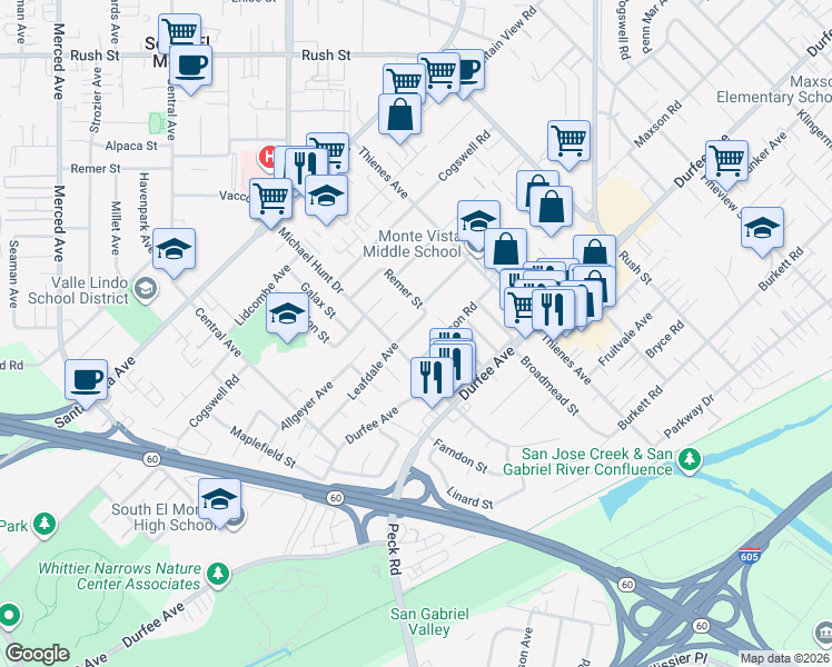 map of restaurants, bars, coffee shops, grocery stores, and more near 1602 Leafdale Avenue in South El Monte