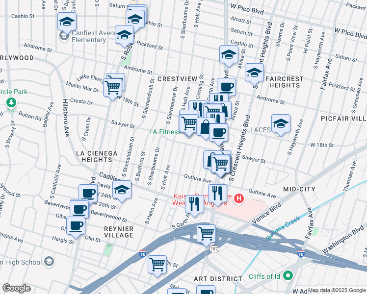 map of restaurants, bars, coffee shops, grocery stores, and more near 1905 South Corning Street in Los Angeles