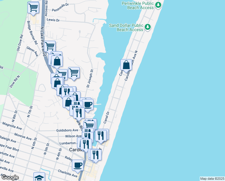 map of restaurants, bars, coffee shops, grocery stores, and more near 709 Canal Drive in Carolina Beach