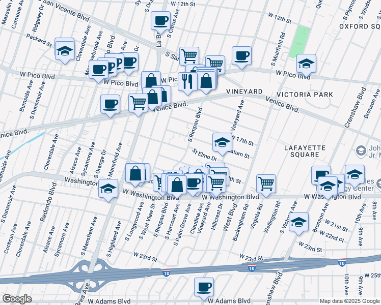 map of restaurants, bars, coffee shops, grocery stores, and more near 4710 Saint Elmo Drive in Los Angeles