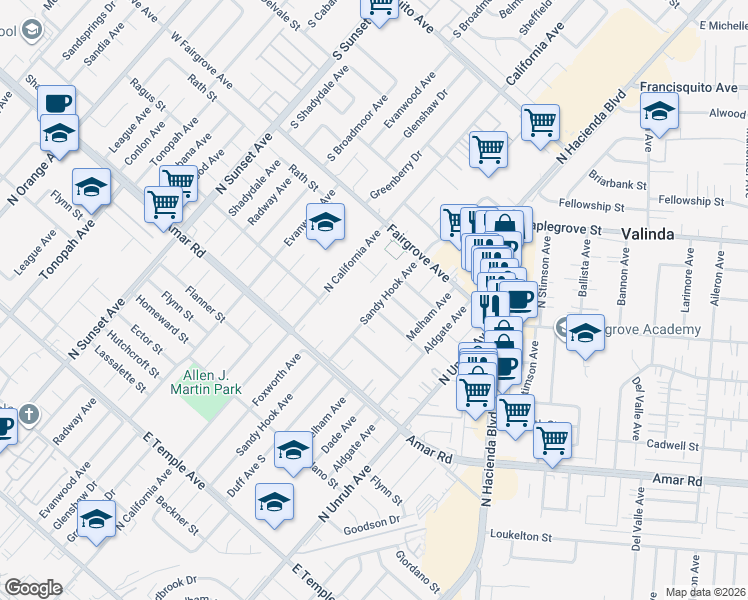 map of restaurants, bars, coffee shops, grocery stores, and more near 1051 Sandy Hook Avenue in La Puente