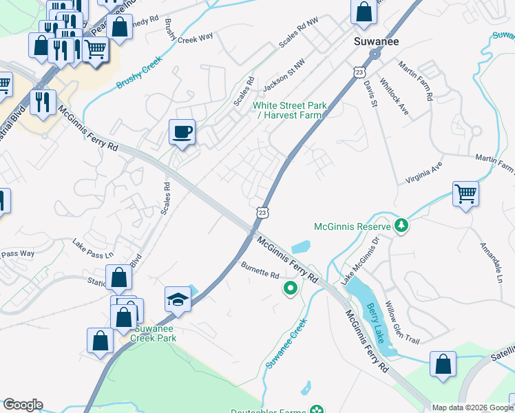 map of restaurants, bars, coffee shops, grocery stores, and more near 907 U.S. 23 in Suwanee