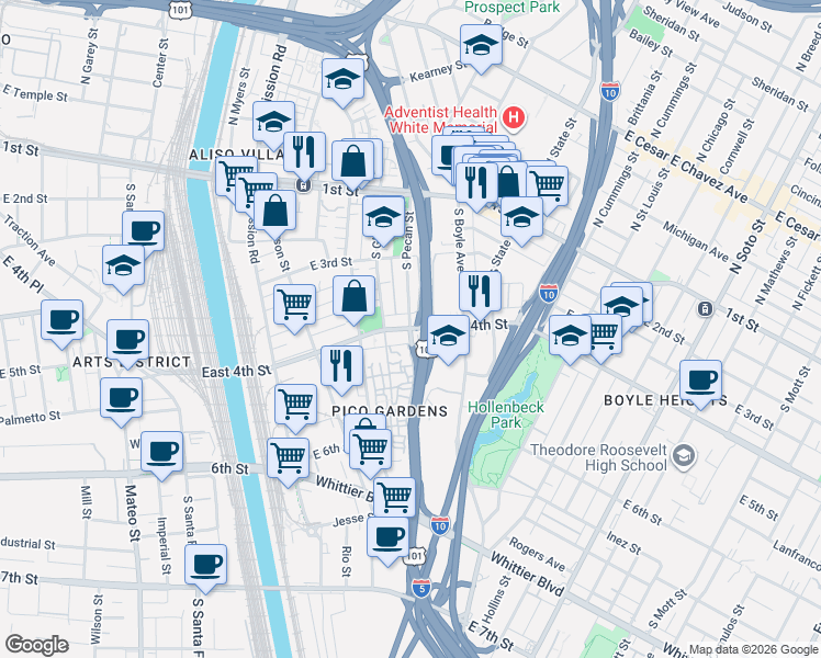 map of restaurants, bars, coffee shops, grocery stores, and more near E 4th St & S Pecan St in Los Angeles