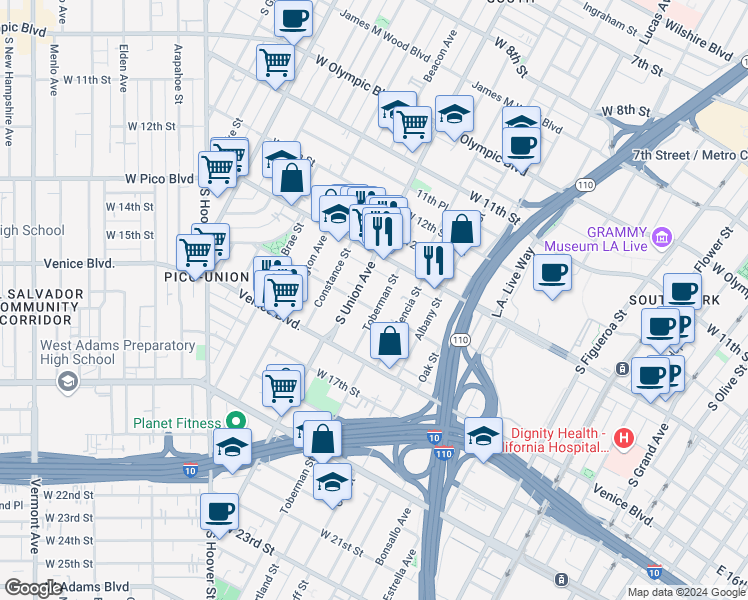 map of restaurants, bars, coffee shops, grocery stores, and more near 1349 Toberman Street in Los Angeles