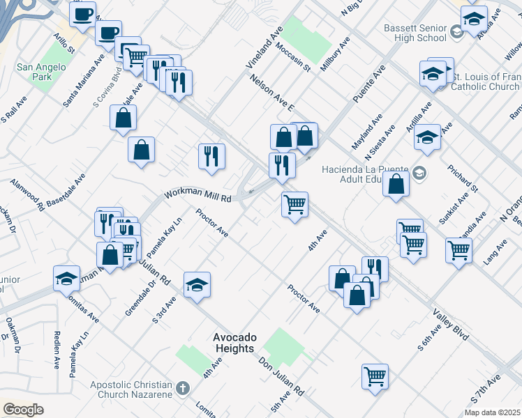 map of restaurants, bars, coffee shops, grocery stores, and more near 162 South 3rd Avenue in La Puente