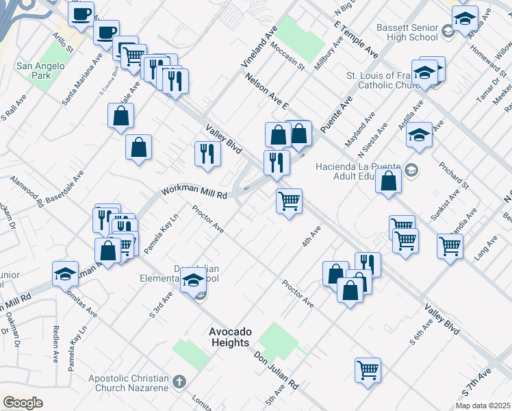 map of restaurants, bars, coffee shops, grocery stores, and more near 162 South 3rd Avenue in La Puente