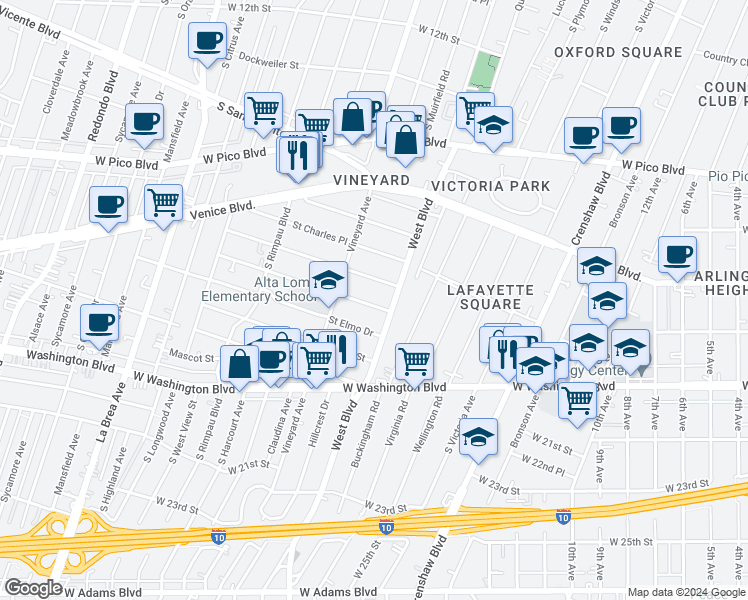 map of restaurants, bars, coffee shops, grocery stores, and more near 4521 Saturn Street in Los Angeles