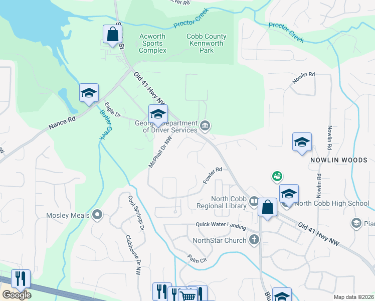 map of restaurants, bars, coffee shops, grocery stores, and more near 3654 Devon Park Lane Northwest in Kennesaw