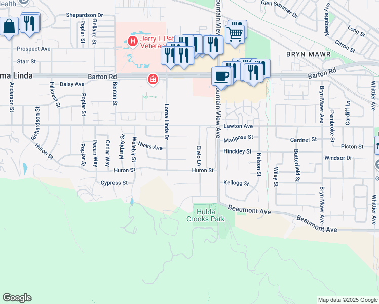 map of restaurants, bars, coffee shops, grocery stores, and more near 25581 Nicks Avenue in Loma Linda