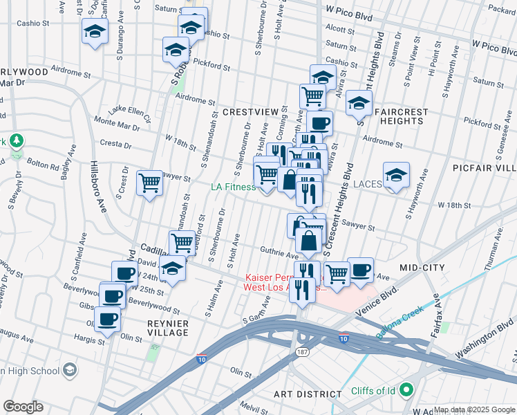 map of restaurants, bars, coffee shops, grocery stores, and more near 1905 South Corning Street in Los Angeles