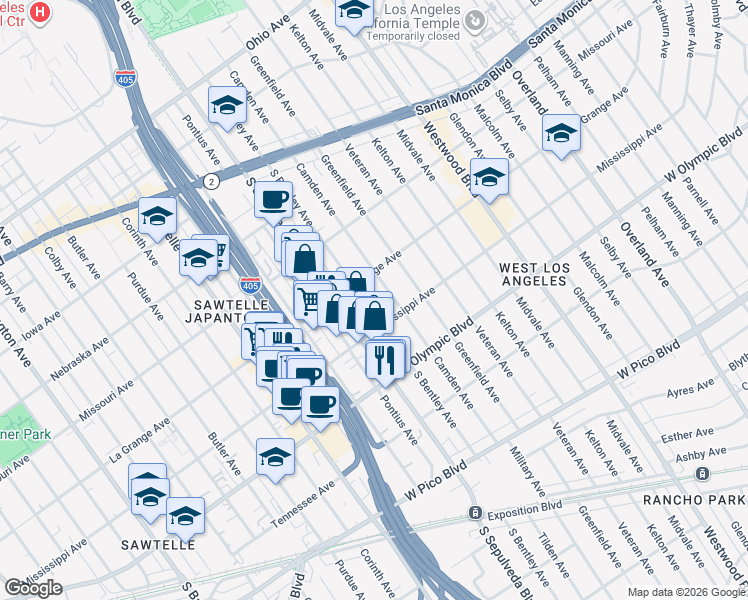 map of restaurants, bars, coffee shops, grocery stores, and more near 2028 South Bentley Avenue in Los Angeles
