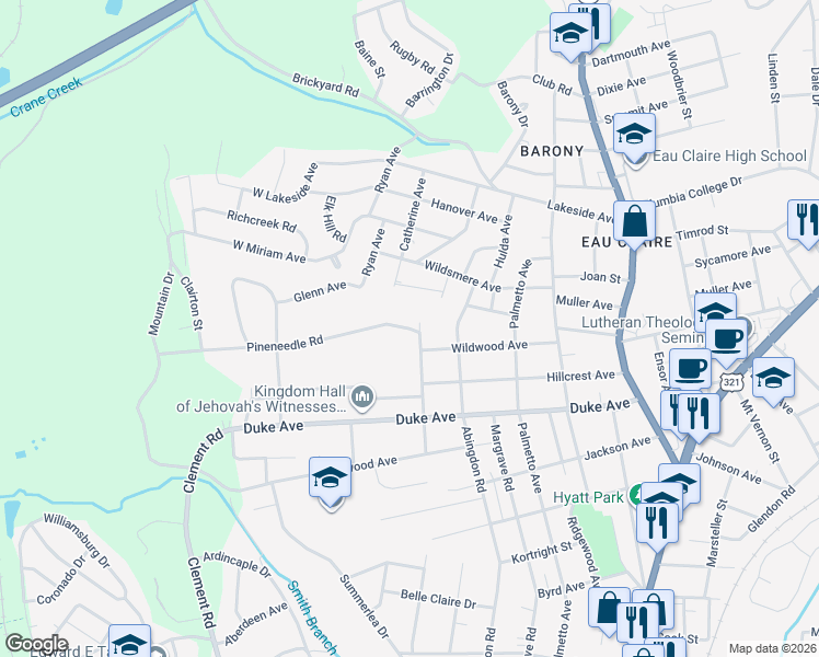 map of restaurants, bars, coffee shops, grocery stores, and more near 301 Wildwood Avenue in Columbia