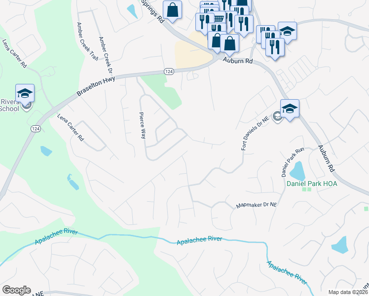 map of restaurants, bars, coffee shops, grocery stores, and more near 2615 Fort Apachee Trail in Dacula