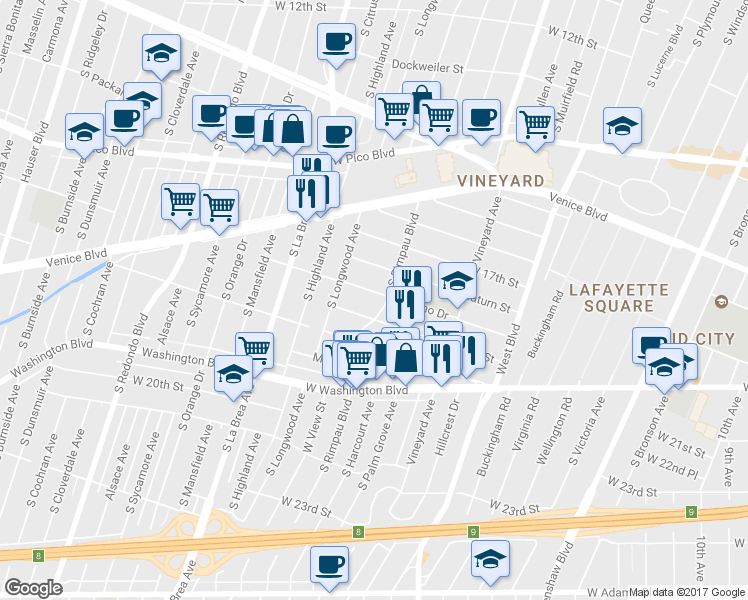 map of restaurants, bars, coffee shops, grocery stores, and more near 4810 Saint Elmo Drive in Los Angeles