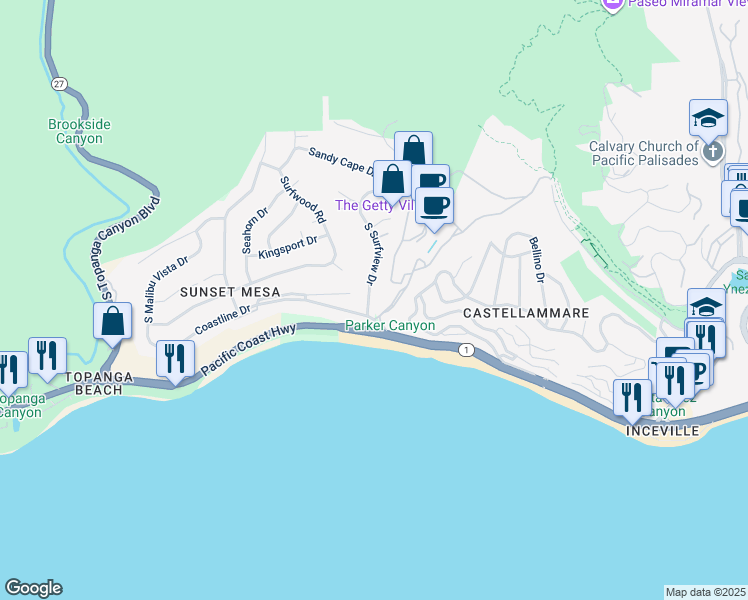 map of restaurants, bars, coffee shops, grocery stores, and more near 168 South Surfview Drive in Los Angeles