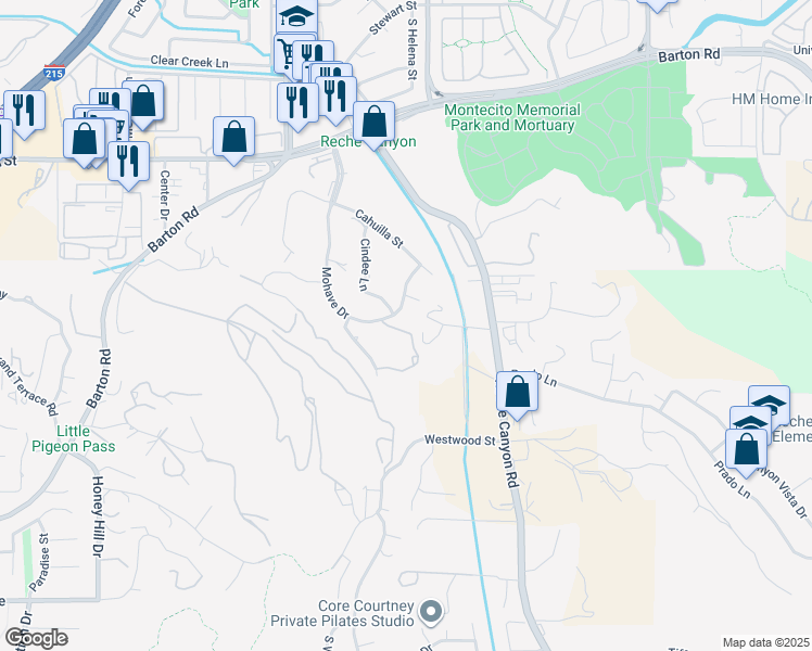 map of restaurants, bars, coffee shops, grocery stores, and more near Walter Court in Colton