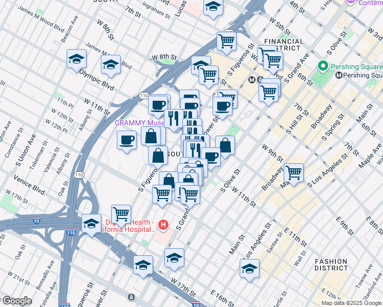 map of restaurants, bars, coffee shops, grocery stores, and more near 1050 Flower Street in Los Angeles